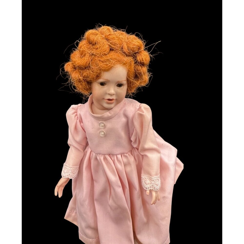 Vintage Porcelain Articulated Limbs Doll Red Hair In Pink Dress MARKED T.J. - Picture 4 of 8